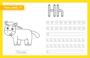 H harfi büyük ve küçük harf. Sevimli çizgi filmlerdeki hayvanlarla İngilizce öğrenen çocuklar için alfabe takip alıştırması. Kreş için boyama kitabı, anaokulu. Vektör illüstrasyonu