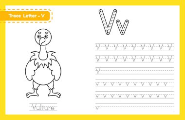 V harfi büyük ve küçük harf. Sevimli çizgi filmlerdeki hayvanlarla İngilizce öğrenen çocuklar için alfabe takip alıştırması. Kreş için boyama kitabı, anaokulu. Vektör illüstrasyonu