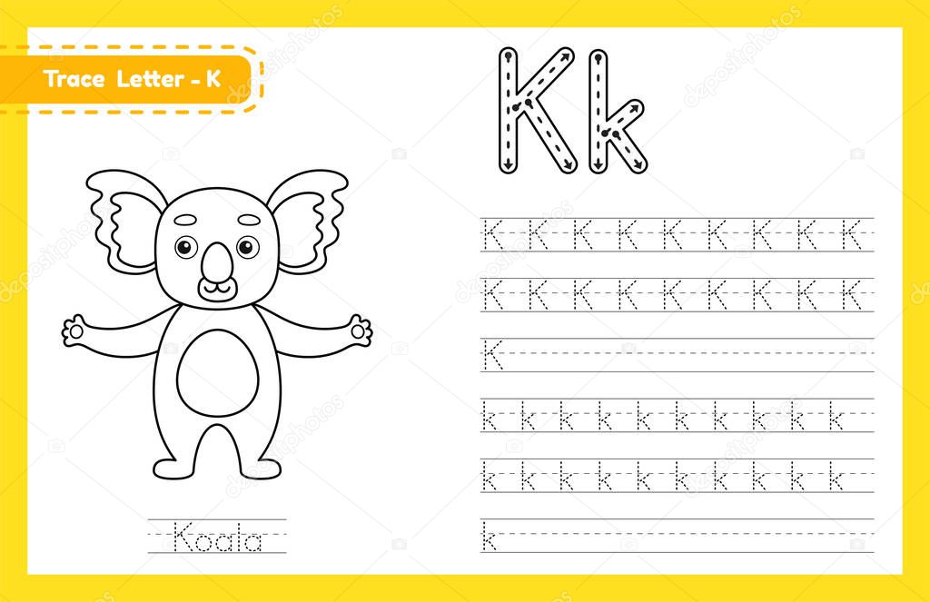 Trace letter K uppercase and lowercase. Alphabet tracing practice preschool worksheet for kids learning English with cute cartoon animal. Coloring book for Pre K, kindergarten. Vector illustration