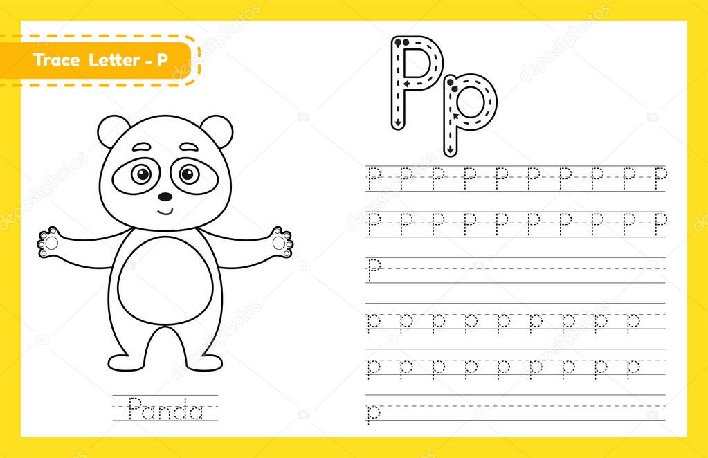 Trace letter P uppercase and lowercase. Alphabet tracing practice preschool worksheet for kids learning English with cute cartoon animal. Coloring book for Pre K, kindergarten. Vector illustration