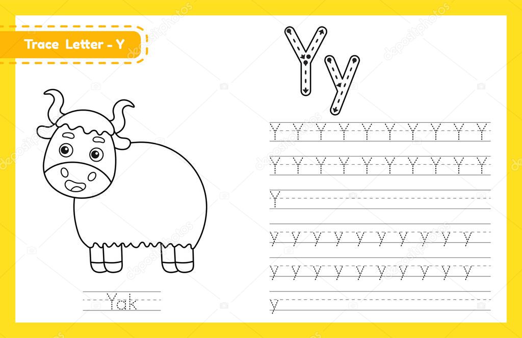 Trace letter Y uppercase and lowercase. Alphabet tracing practice preschool worksheet for kids learning English with cute cartoon animal. Coloring book for Pre K, kindergarten. Vector illustration