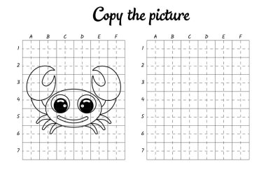Fotoğrafı kopyala. Şebeke tarafından çiziliyor. Çocuklar için boyama kitabı sayfaları. El yazısı pratiği, çizim becerileri eğitimi. Eğitim, basılabilir çalışma tablosu geliştiriyor. Etkinlik sayfası. Şirin çizgi film vektör illüstrasyonu.