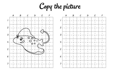 Fotoğrafı kopyala. Şebeke tarafından çiziliyor. Çocuklar için boyama kitabı sayfaları. El yazısı pratiği, çizim becerileri eğitimi. Eğitim, basılabilir çalışma tablosu geliştiriyor. Etkinlik sayfası. Şirin çizgi film vektör illüstrasyonu.