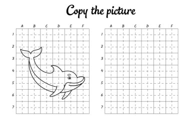 Fotoğrafı kopyala. Şebeke tarafından çiziliyor. Çocuklar için boyama kitabı sayfaları. El yazısı pratiği, çizim becerileri eğitimi. Eğitim, basılabilir çalışma tablosu geliştiriyor. Etkinlik sayfası. Şirin çizgi film vektör illüstrasyonu.