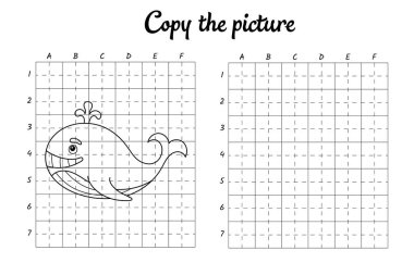 Fotoğrafı kopyala. Şebeke tarafından çiziliyor. Çocuklar için boyama kitabı sayfaları. El yazısı pratiği, çizim becerileri eğitimi. Eğitim, basılabilir çalışma tablosu geliştiriyor. Etkinlik sayfası. Şirin çizgi film vektör illüstrasyonu.