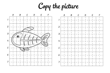 Fotoğrafı kopyala. Şebeke tarafından çiziliyor. Çocuklar için boyama kitabı sayfaları. El yazısı pratiği, çizim becerileri eğitimi. Eğitim, basılabilir çalışma tablosu geliştiriyor. Etkinlik sayfası. Şirin çizgi film vektör illüstrasyonu.