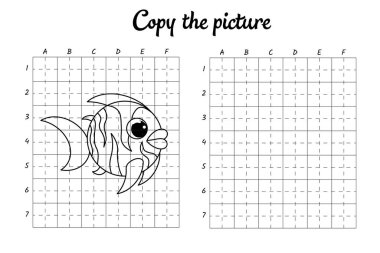 Fotoğrafı kopyala. Şebeke tarafından çiziliyor. Çocuklar için boyama kitabı sayfaları. El yazısı pratiği, çizim becerileri eğitimi. Eğitim, basılabilir çalışma tablosu geliştiriyor. Etkinlik sayfası. Şirin çizgi film vektör illüstrasyonu.