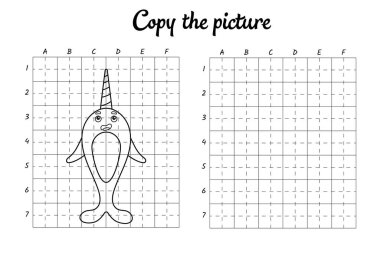 Fotoğrafı kopyala. Şebeke tarafından çiziliyor. Çocuklar için boyama kitabı sayfaları. El yazısı pratiği, çizim becerileri eğitimi. Eğitim, basılabilir çalışma tablosu geliştiriyor. Etkinlik sayfası. Şirin çizgi film vektör illüstrasyonu.