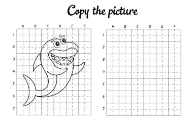 Fotoğrafı kopyala. Şebeke tarafından çiziliyor. Çocuklar için boyama kitabı sayfaları. El yazısı pratiği, çizim becerileri eğitimi. Eğitim, basılabilir çalışma tablosu geliştiriyor. Etkinlik sayfası. Şirin çizgi film vektör illüstrasyonu.