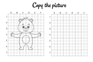 Fotoğrafı kopyala. Şebeke tarafından çiziliyor. Çocuklar için boyama kitabı sayfaları. El yazısı pratiği, çizim becerileri eğitimi. Eğitim, basılabilir çalışma tablosu geliştiriyor. Etkinlik sayfası. Şirin çizgi film vektör illüstrasyonu.