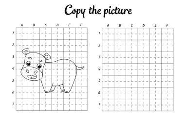Fotoğrafı kopyala. Şebeke tarafından çiziliyor. Çocuklar için boyama kitabı sayfaları. El yazısı pratiği, çizim becerileri eğitimi. Eğitim, basılabilir çalışma tablosu geliştiriyor. Etkinlik sayfası. Şirin çizgi film vektör illüstrasyonu.