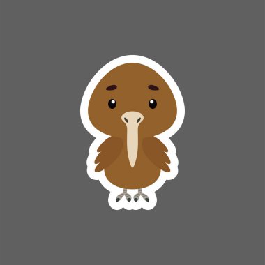 Küçük şirin kivi etiketi. Çocuk kartları için çizgi film karakteri, bebek partisi, doğum günü davetiyesi, ev içi. Çizgi film tarzında parlak renkli çocuksu vektör çizimi.