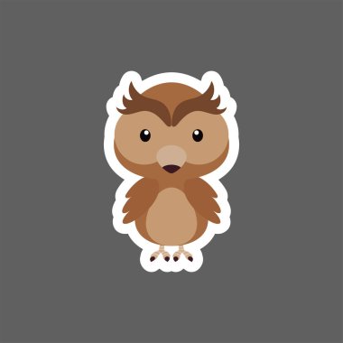 Sevimli küçük bebek baykuş çıkartması. Çocuk kartları için çizgi film karakteri, bebek partisi, doğum günü davetiyesi, ev içi. Çizgi film tarzında parlak renkli çocuksu vektör çizimi.