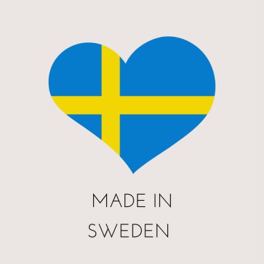 İsveç bayraklı kalp şeklinde etiket. İsveç çıkartmasından yapılmış. Fabrika, üretim ve üretim ülkesi konsepti. Vektör stok illüstrasyonu