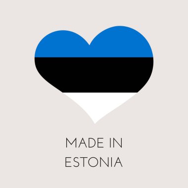 Kalp şeklinde etiket ve Estonya bayrağı. Estonya çıkartmasında yapıldı. Fabrika, üretim ve üretim ülkesi konsepti. Vektör stok illüstrasyonu