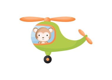 Yeşil helikopterdeki şirin küçük maymun pilotu. Çocuk kitabı için çizgi film karakteri, albüm, bebek partisi, tebrik kartı, parti davetiyesi, ev içi. Vektör stok illüstrasyonu.