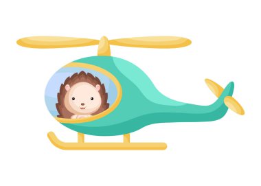 Zümrüt helikopterdeki şirin küçük kirpi pilotu. Çocuk kitabı için çizgi film karakteri, albüm, bebek partisi, tebrik kartı, parti davetiyesi, ev içi. Vektör stok illüstrasyonu.