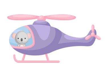 Mor helikopterdeki şirin koala pilotu. Çocuk kitabı için çizgi film karakteri, albüm, bebek partisi, tebrik kartı, parti davetiyesi, ev içi. Vektör stok illüstrasyonu.
