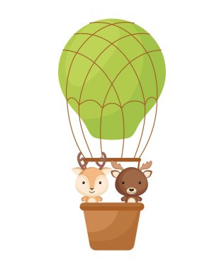 Şirin küçük geyik, yeşil sıcak hava balonunda uçan geyik. Çocuk kitabı için çizgi film karakteri, albüm, bebek partisi, tebrik kartı, parti davetiyesi, ev içi. Vektör stok illüstrasyonu.