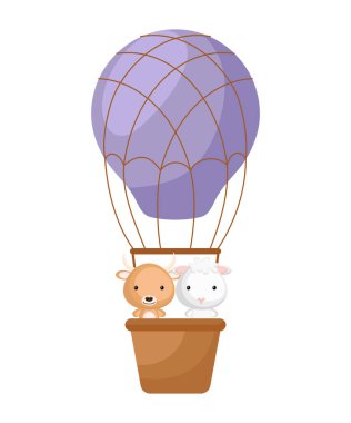 Şirin küçük öküz, koyunlar mor sıcak hava balonunda uçar. Çocuk kitabı için çizgi film karakteri, albüm, bebek partisi, tebrik kartı, parti davetiyesi, ev içi. Vektör stok illüstrasyonu.