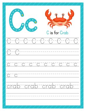 C harfi büyük ve küçük harf. Sevimli çizgi filmlerdeki hayvanlarla İngilizce öğrenen çocuklar için alfabe takip alıştırması. Anaokulu için etkinlik sayfası. Vektör illüstrasyonu