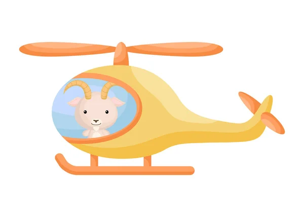 Niedliche Kleine Ziege Pilot Gelben Hubschrauber Zeichentrickfigur Für Kinderbuch Album — Stockvektor