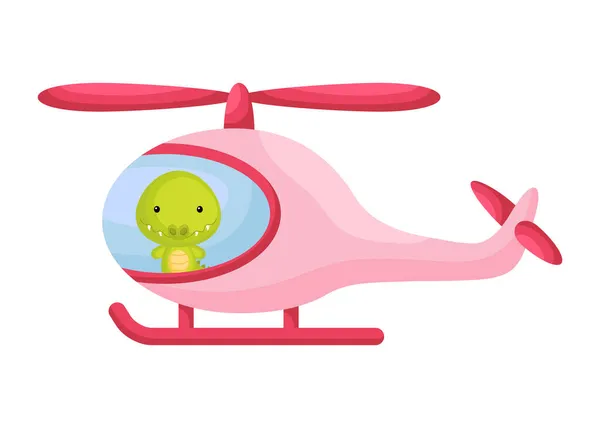 Lindo Piloto Cocodrilo Helicóptero Rosa Personaje Dibujos Animados Para Niños — Vector de stock