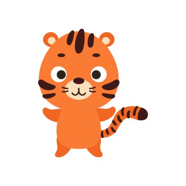 Beyaz arka planda şirin bir kaplan. Çocuk kartları için çizgi film karakteri, bebek partisi, davetiye, poster, tişört kompozisyonu, ev içi. Vektör stok illüstrasyonu.