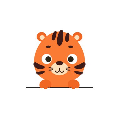 Beyaz arka planda şirin bir kaplan. Çocuk kartları için çizgi film karakteri, bebek partisi, davetiye, poster, tişört kompozisyonu, ev içi. Vektör stok illüstrasyonu.