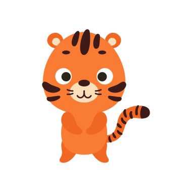 Beyaz arka planda şirin bir kaplan. Çocuk kartları için çizgi film karakteri, bebek partisi, davetiye, poster, tişört kompozisyonu, ev içi. Vektör stok illüstrasyonu.