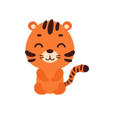 Beyaz arka planda oturan sevimli küçük kaplan. Çocuk kartları için çizgi film karakteri, bebek partisi, davetiye, poster, tişört kompozisyonu, ev içi. Vektör stok illüstrasyonu.