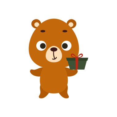 Beyaz arka planda hediyeleri olan şirin bir Noel ayısı. Çocuk kartları için çizgi film karakteri, bebek partisi, davetiye, poster, tişört kompozisyonu, ev içi. Vektör stok illüstrasyonu.