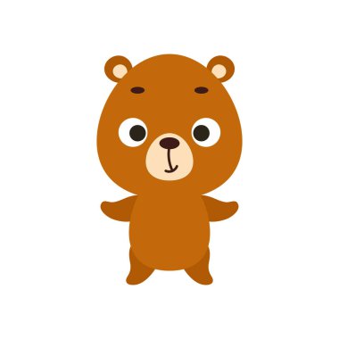 Beyaz arka planda şirin küçük bir ayı. Çocuk kartları için çizgi film karakteri, bebek partisi, davetiye, poster, tişört kompozisyonu, ev içi. Vektör stok illüstrasyonu.