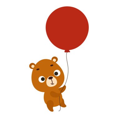 Kırmızı balonla uçan sevimli küçük ayı. Çocuk kartları için çizgi film karakteri, bebek partisi, davetiye, poster, tişört kompozisyonu, ev içi. Vektör stok illüstrasyonu.