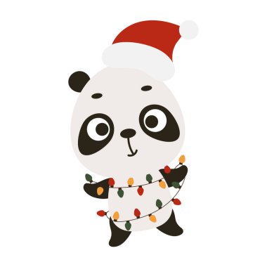 Beyaz arka planda çelengi olan şirin bir Noel pandası. Çocuk kartları için çizgi film karakteri, bebek partisi, davetiye, poster, tişört kompozisyonu, ev içi. Vektör stok illüstrasyonu.