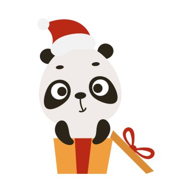 Şirin Noel pandası beyaz arka planda hediye kutusunda oturuyor. Çocuk kartları için çizgi film karakteri, bebek partisi, davetiye, poster, tişört kompozisyonu, ev içi. Vektör stok illüstrasyonu.