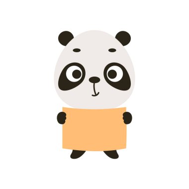 Küçük şirin panda beyaz arka planda kağıt örtü tutuyor. Çocuk kartları için çizgi film karakteri, bebek partisi, davetiye, poster, tişört kompozisyonu, ev içi. Vektör stok illüstrasyonu.
