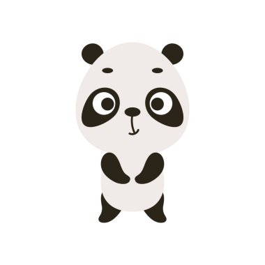 Beyaz arka planda şirin bir panda. Çocuk kartları için çizgi film karakteri, bebek partisi, davetiye, poster, tişört kompozisyonu, ev içi. Vektör stok illüstrasyonu.