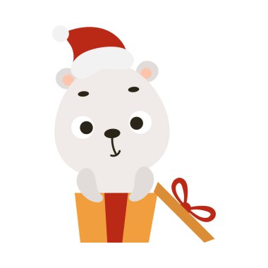 Şirin Noel kutup ayısı beyaz arka planda hediye kutusunda oturuyor. Çocuk kartları için çizgi film karakteri, bebek partisi, davetiye, poster, tişört kompozisyonu, ev içi. Vektör stok illüstrasyonu.