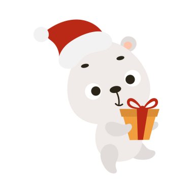 Beyaz arka planda hediyesi olan şirin bir Noel kutup ayısı. Çocuk kartları için çizgi film karakteri, bebek partisi, davetiye, poster, tişört kompozisyonu, ev içi. Vektör stok illüstrasyonu.
