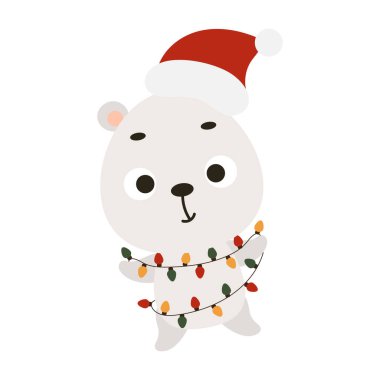 Beyaz arka planda çelengi olan şirin bir Noel kutup ayısı. Çocuk kartları için çizgi film karakteri, bebek partisi, davetiye, poster, tişört kompozisyonu, ev içi. Vektör stok illüstrasyonu.