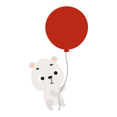 Kırmızı balonla uçan şirin kutup ayısı. Çocuk kartları için çizgi film karakteri, bebek partisi, davetiye, poster, tişört kompozisyonu, ev içi. Vektör stok illüstrasyonu.