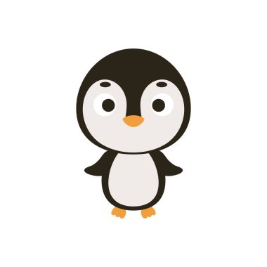 Beyaz arka planda şirin bir Noel pengueni. Çocuk kartları için çizgi film karakteri, bebek partisi, davetiye, poster, tişört kompozisyonu, ev içi. Vektör stok illüstrasyonu.