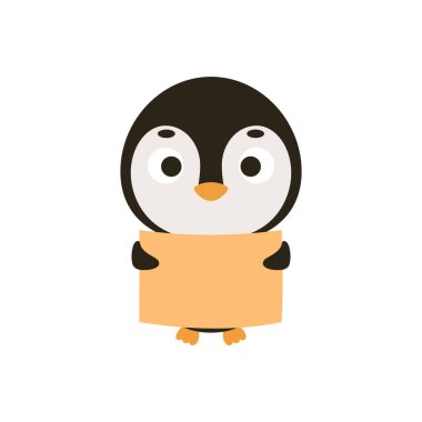 Sevimli küçük penguenler beyaz arka planda kağıt örtü tutarlar. Çocuk kartları için çizgi film karakteri, bebek partisi, davetiye, poster, tişört kompozisyonu, ev içi. Vektör stok illüstrasyonu.