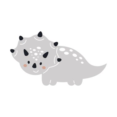 İskandinav tarzında şirin gri dinozor. Çocuk kartları için komik bir karikatür, bebek partisi, tişört, doğum günü davetiyesi, ev içi. Bohem çocuksu vektör illüstrasyonu.