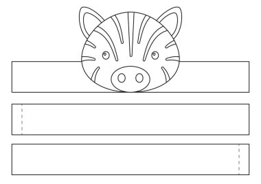 Yazdırılabilir zebra kağıt kaplama. Doğum günü, noel, bebek partisi için kurdele şablonu. Eğlence için eğlenceli bir aksesuar. Yazdır, boya, kes ve yapıştır. Vektör stok illüstrasyonu.