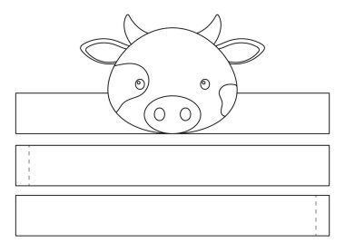Basılabilir inek kağıdı kaplama. Doğum günü, noel, bebek partisi için kurdele şablonu. Eğlence için eğlenceli bir aksesuar. Yazdır, boya, kes ve yapıştır. Vektör stok illüstrasyonu.