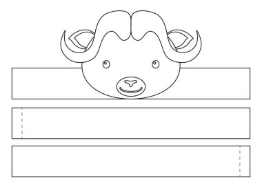 Basılabilir misk öküzü kağıt kaplama. Doğum günü, noel, bebek partisi için kurdele şablonu. Eğlence için eğlenceli bir aksesuar. Yazdır, boya, kes ve yapıştır. Vektör stok illüstrasyonu.