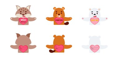 Sevimli hayvan Sevgililer Günü çocuklar için şeker tutucu kartları hediye ediyor. Harika hediye seçeneği sevgililer günü partisi hediyeleri, okul sınıfı ödülleri, hediye değişimi, aşk notları ve daha fazlası. Vektör stok illüstrasyonu