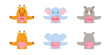 Sevimli hayvan Sevgililer Günü çocuklar için şeker tutucu kartları hediye ediyor. Harika hediye alışverişi, okul sınıfı ödülleri, sevgililer günü partisi hediyeleri, aşk notları ve daha fazlası. Vektör stok illüstrasyonu